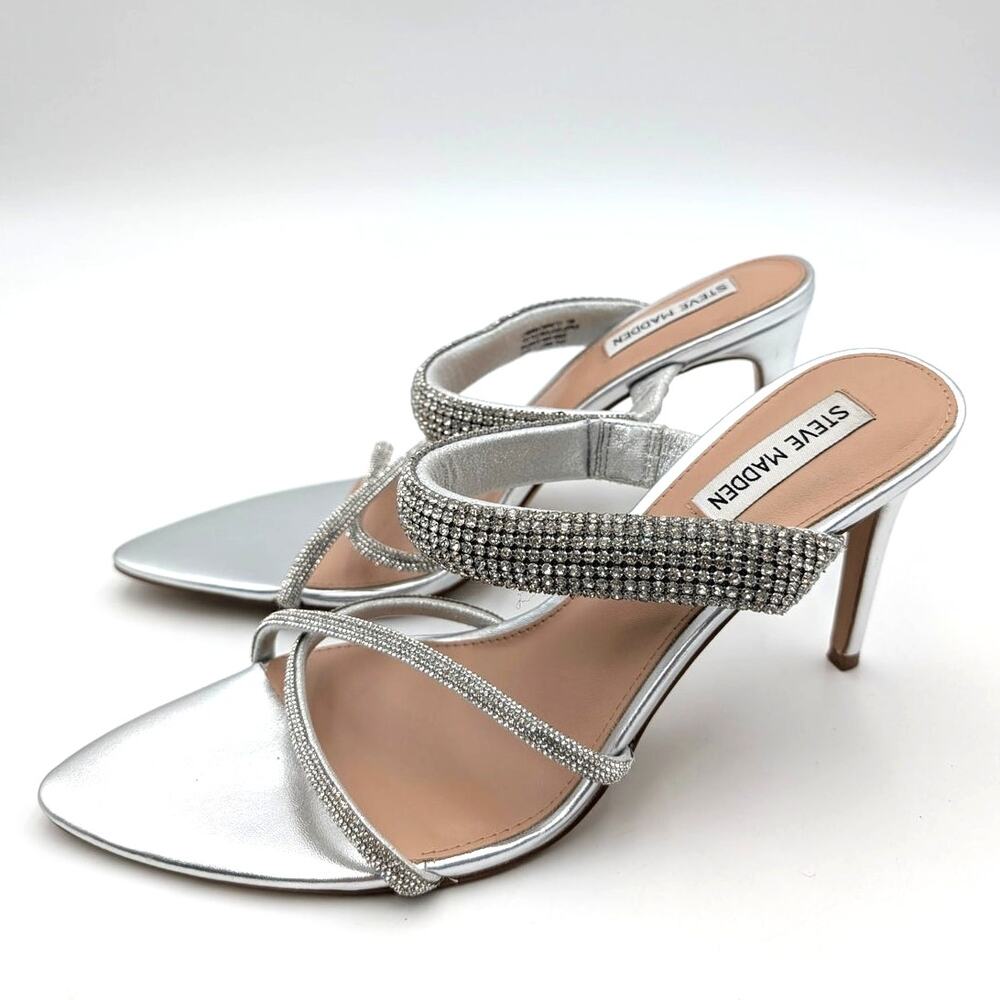 Steve Madden Camina Crystal Strap Slide Sandals Women's Silver Size US10M EU40.5